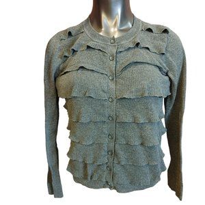 Sweaterworks Women's Grey Knit Ruffled Front Button Down long Sleeve Cardigan L